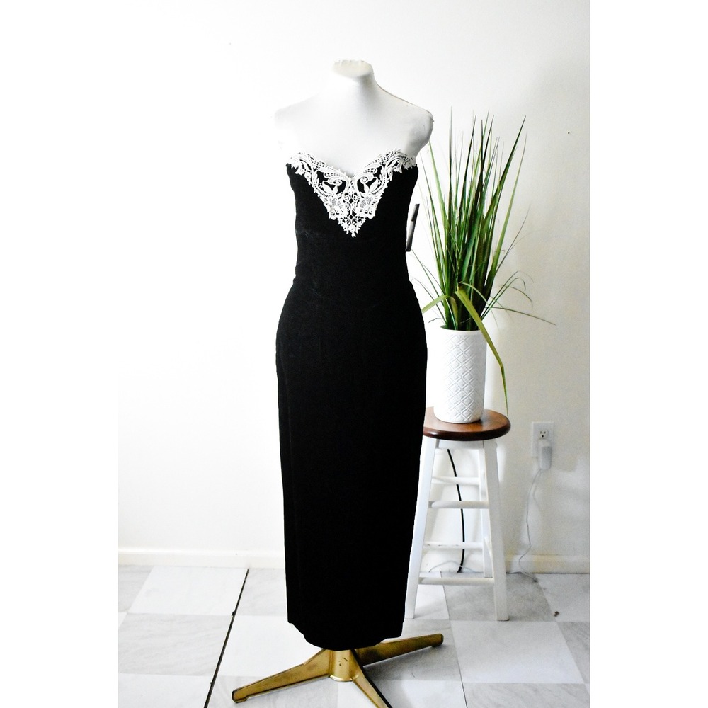 Scott McClintock Gown Women Size 8 Black 80s Velvet Lace Strapless Maxi Dress - Picture 1 of 12